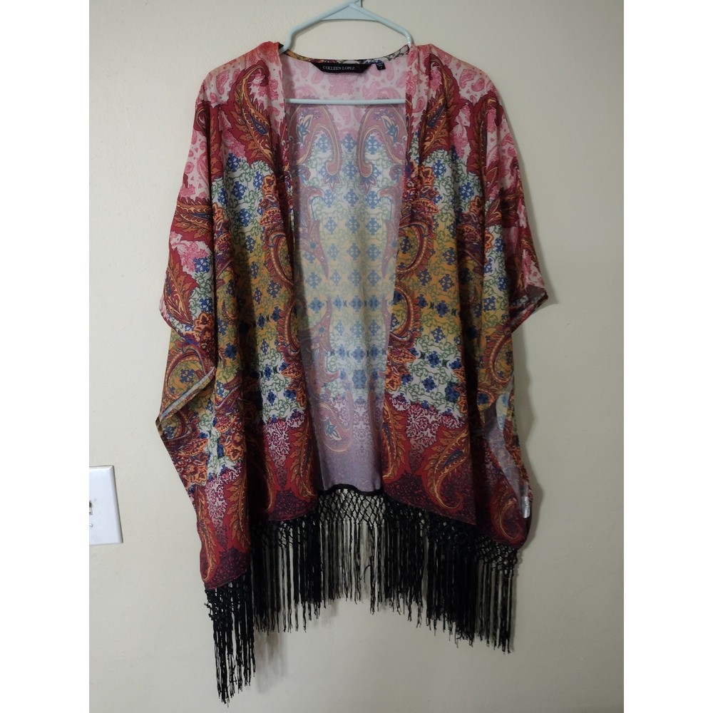 Colleen Lopez Paisley Fringe Kimono Wrap Medium Multicolor‎ Boho Open Front